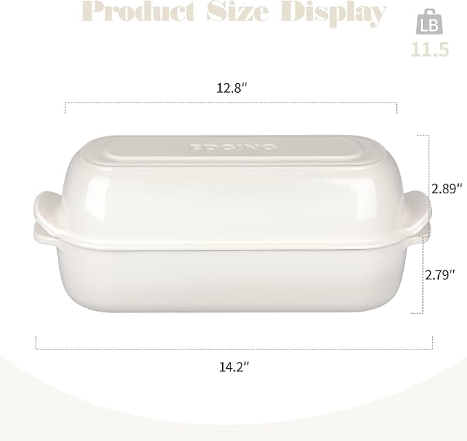 Enameled Cast Iron Loaf Pan with Lid, Dutch Oven Bread pan for Homemade Sourdough Bread Baking, 12.5x5.5 inch, 5qt, White