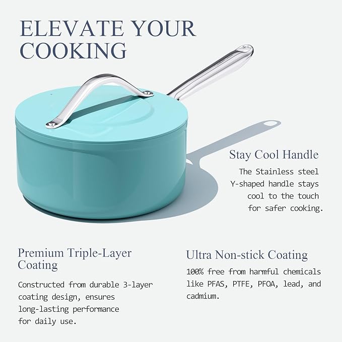3.5QT Nonstick Ceramic Sauce Pan with Lid, Quick & Even Heat Distribution PFAS-Free Non Toxic Cooking Pot for Rice/Soup/Sauces, All Stovetops Compatible, Oven Safe 500°F, Caribbean Blue