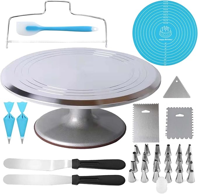 12 Inch Aluminium Alloy Revolving Cake Stand, Rotating Cake Turntable for Cake, Cupcake Decorating Supplies (35Pcs)