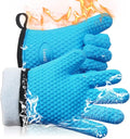 Kitchen Oven Gloves - Dual-Layer Heat Resistant Grilling Gloves, Silicone Oven Mitts with 5 Fingers, Waterproof Non-Slip Pot Holder for Barbecue, Cooking, Baking (Blue)