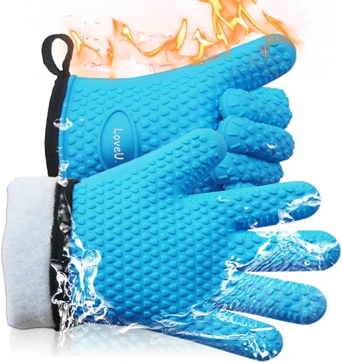 Kitchen Oven Gloves - Dual-Layer Heat Resistant Grilling Gloves, Silicone Oven Mitts with 5 Fingers, Waterproof Non-Slip Pot Holder for Barbecue, Cooking, Baking (Blue)