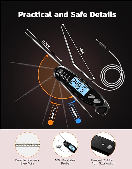 Instant Read Meat Thermometer Digital for Cooking & Grilling with Dual Probe, Big Backlit & Calibration, Food Thermometer for Grill, Smoker, BBQ, Oven, Oil Fry, Outdoor Kitchen Appliances