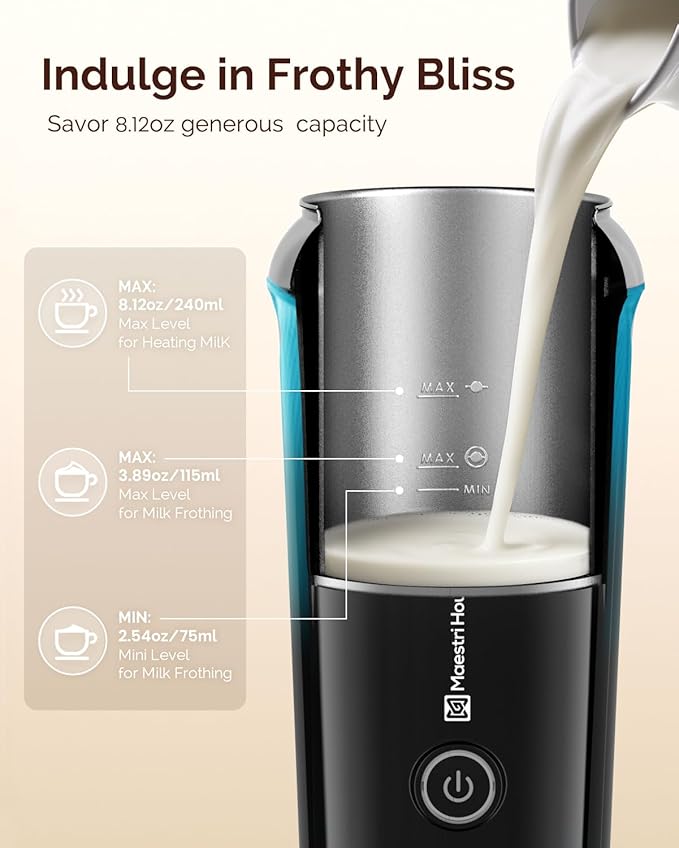 Maestri House Milk Frother, 3-in-1 Hot & Cold Mik Frothing Steamer, 8.12OZ/240ML Touch Control Foam Maker, Compact Space-saving Design for Latte, Cappuccino and Warm Milk