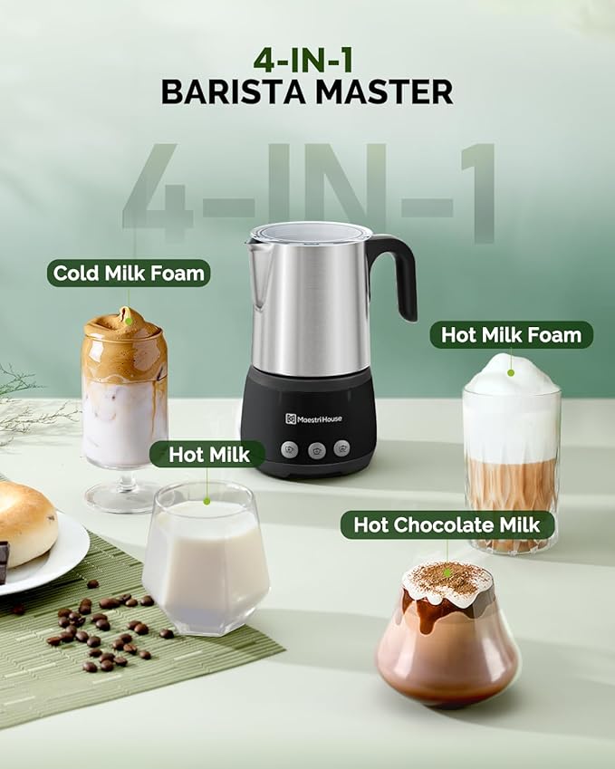 Maestri House Milk Frother, 4-in-1 Electric Milk Steamer and Frother, 16.9OZ 600W Smart Touch Control Hot and Cold Foam Maker, Memory Function for Latte, Cappuccinos, Warm Milk, Hot Chocolate Milk