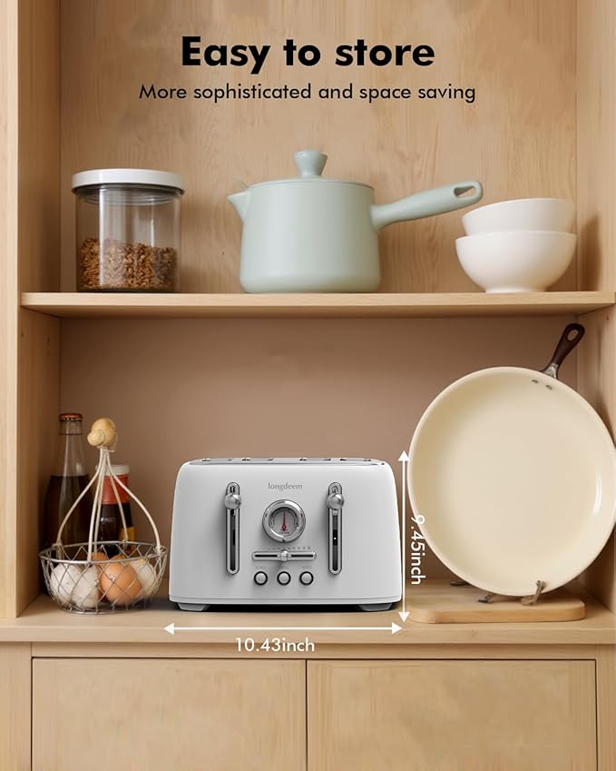 LONGDEEM 4-Slice Stainless Steel Toaster with 1.6" Wide Slots, Retro Bagel Toaster with 6 Browning Levels, Defrost/Bagel/Cancel, Removable Crumb Tray, Cute White