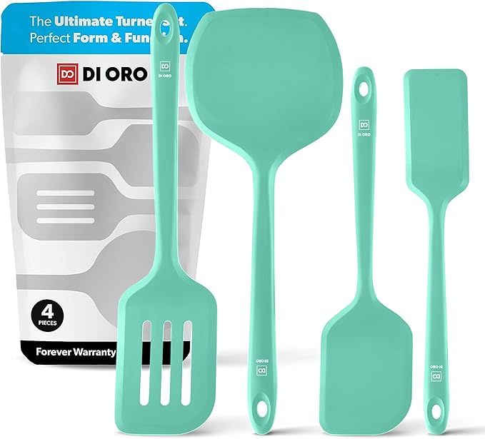 New DI ORO Silicone Turner Spatula Set - Kitchen Spatulas for Nonstick Cookware - Cooking Utensils for Flipping Eggs & Pancakes - 600°F Heat-Resistant BPA Free Turners - Dishwasher Safe (4pc, Mint)