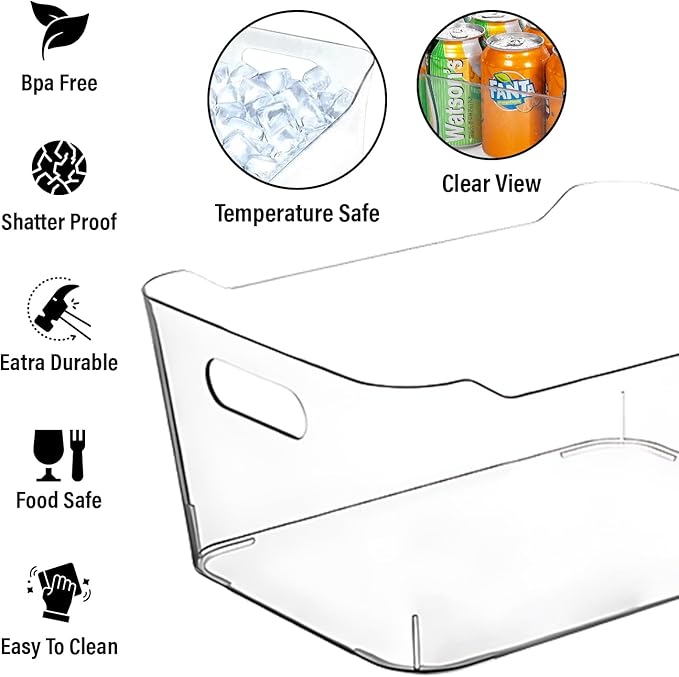 Clear Plastic Storage Bins with Labels and Marker, Perfect for Kitchen Organization or Pantry Organization and Storage, Medium Fridge Organizer and Cabinet Organizers Storage Bins