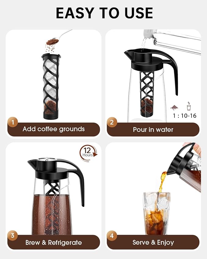 Cold Brew Coffee Maker, 70 oz (2100 ml) BPA Free Tritan Pitcher, Iced Coffee Maker and Tea Brewer, 100% Leak-Proof, Easy to Clean Reusable Mesh Filter, Black
