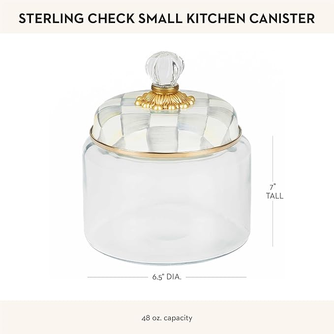 MACKENZIE-CHILDS Sterling Check Kitchen Canister, Decorative Gray-and-White Glass Storage Jar with Lid, Small
