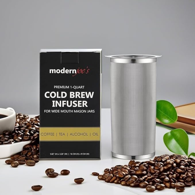 MODERNJOE'S Premium Infuser Cold Brew Coffee Maker for 1 Quart Wide Mouth Mason Jars. Cold Brew Coffee Filter. Perfect for Ice Coffee and Tea. 50 Micron EXTRA Fine Mesh 304 Stainless Steel
