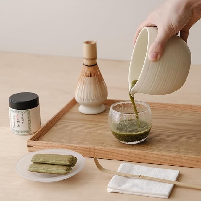 Matcha Whisk Set, Ceramic Matcha Bowl & Whisk Holder, Bamboo Accessory, Modern Design (Matte Crème, Pouring Spout)