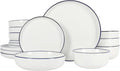 Gibson Home Oslo 16-Piece Porcelain Ceramic Chip & Scratch Resistant Dishes, Microwave & Dishwasher Safe, Plates and Bowls Dinnerware Set, White w/Blue Rim