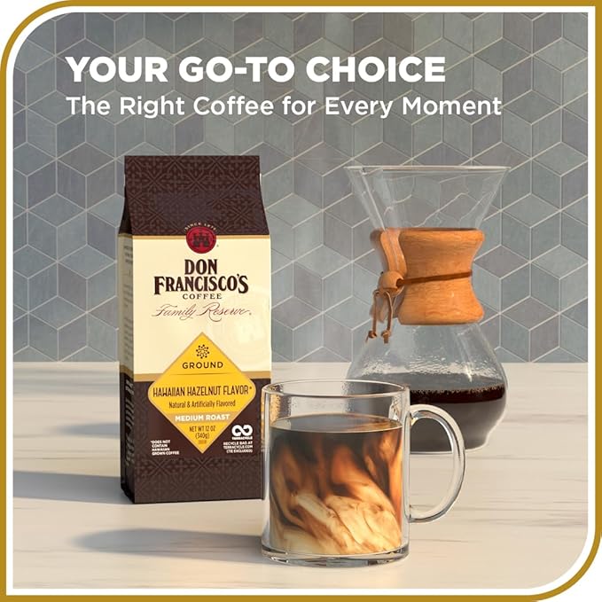 Don Francisco's Hawaiian Hazelnut Ground Coffee, Medium Roast – Flavored 100% Arabica, 12 oz Bag, Premium Coffee for Drip, Pour Over & French Press