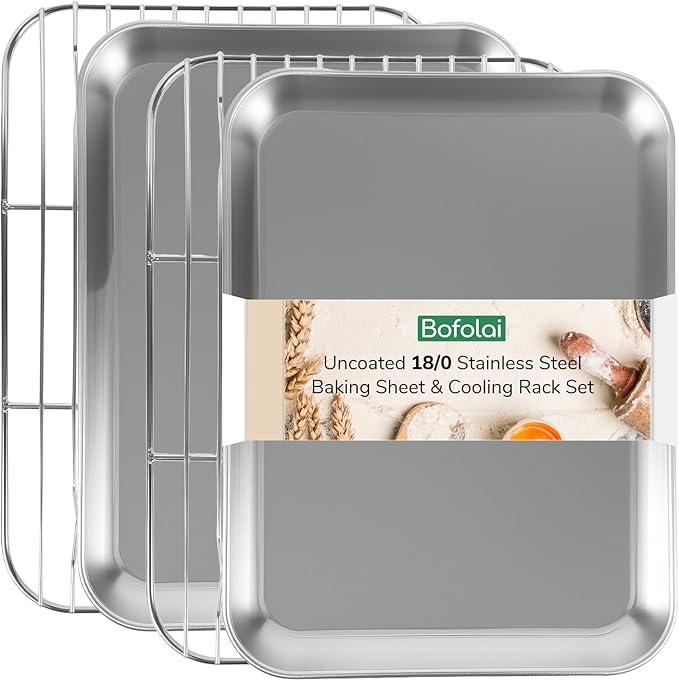 18/0 Stainless Steel Baking Sheet with Cooling Rack, Oven-Safe Non-Toxic Cookie Sheets for Baking, Set of 4, Coating Free & Rust Resistant for Healthy Family Baking, Easy to Clean, Heavy-Duty