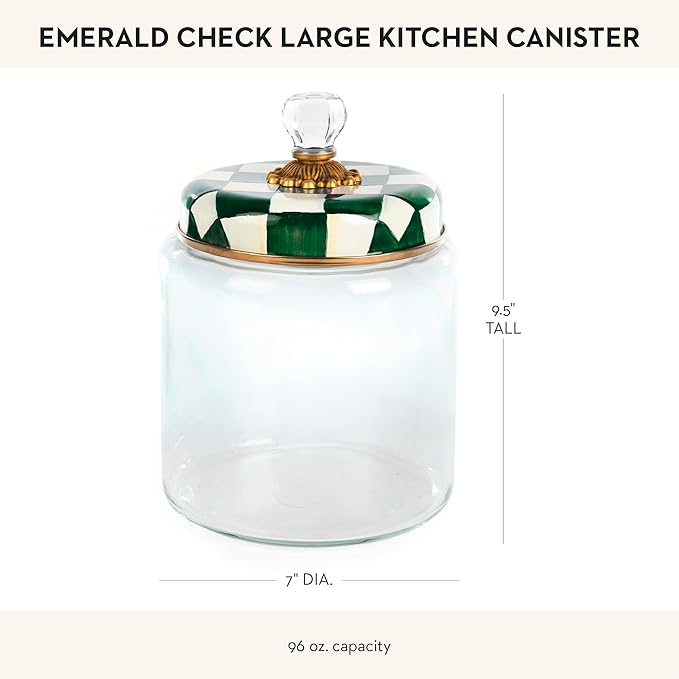 MACKENZIE-CHILDS Large Kitchen Canister, Decorative Glass Storage Jar with Lid, Green-and-White Emerald Check