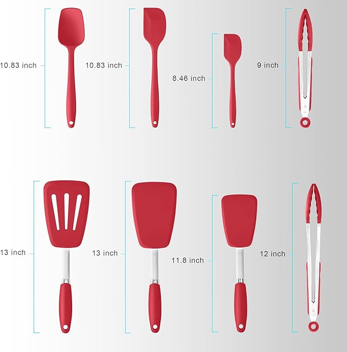 Silicone Spatulas Set Turners Tongs Cooking Utensils Set High Heat Resistant Kitchen Scraper Spatulas for Cooking Mixing Baking BPA Free Dishwasher Safe, Red