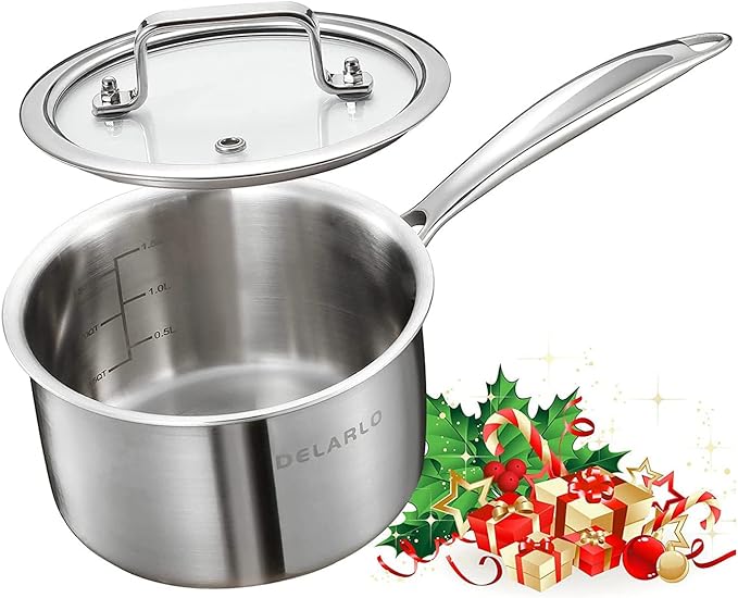 DELALRO Tri-Ply Stainless Steel 2.5 QT Saucepan with Lid, Heavy Duty Induction Pot, Fast Even Heat, Fuel Saving, Induction Cookware, Kitchen and Dining Steel Saucepan