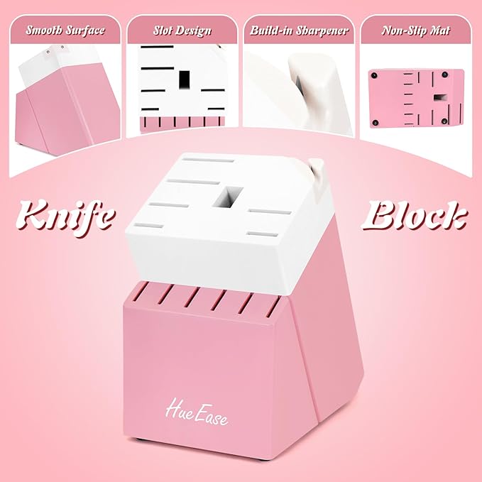 14 Pieces Knife Set with Block, Ceramic White Coating, High Carbon Stainless Steel Sharp Blade Block Knife Set, Dishwasher Safe Cutlery, Colliding Pink