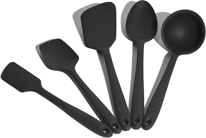 GIR: Get It Right 5-Piece Silicone Ultimate Kitchen Utensils Set - Ladle, Spatula, Flip, Spoon & Spoonula - Non-Toxic Cooking Utensils for Nonstick Cookware, Cooking and Baking - Black