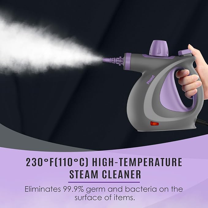 Pressurized Handheld Multi-Surface Natural Steam Cleaner with 12 pcs Accessories, Multi-Purpose Steamer for Home Use, Steamer for Cleaning Floor, Upholstery, Grout and Car (Purple)