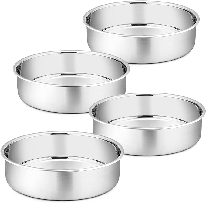 P&P CHEF Cake Pan Set of 4, Stainless Steel Baking Round Cake Pans Tins Bakeware for Birthday Wedding, Leak-proof & Easy Clean, Mirror Finish & Easy Releasing, 8 Inch