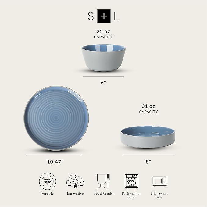 Stone Lain Elica 24-Piece Modern Dinnerware Set Stoneware, Plates and Bowl Sets for 8, Blue and Grey
