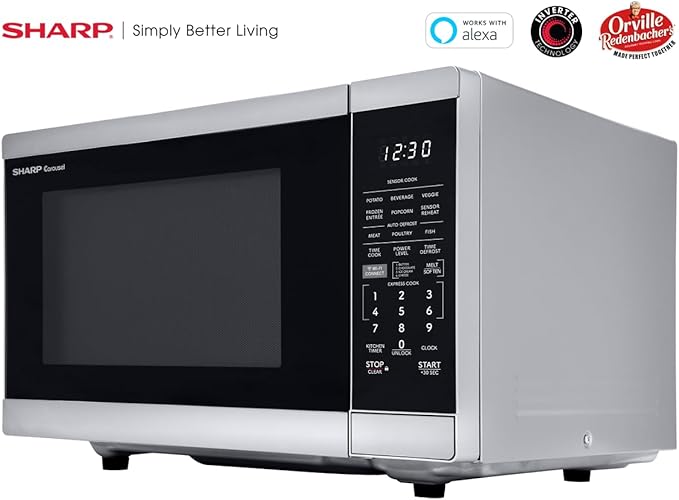 SHARP Countertop Microwave Oven Compatible with Alexa Orville Redenbacher's Certified with Removable 12.4" Carousel Turntable, 1000 Watt, 1.1 Cubic Feet, Stainless Steel