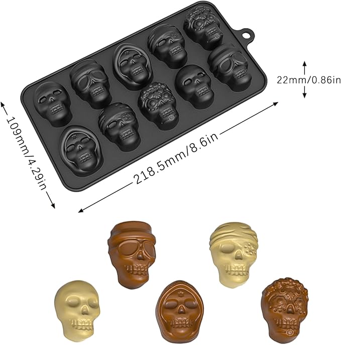 FreeNFond 10 Cavity Skull Silicone Chocolate Molds Sugar Skull Mold for Halloween Baking, Resin and Candy, Pack of 2 (Black, 2P-SmallSkull)