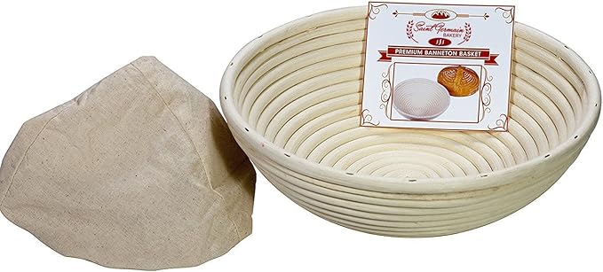 Saint Germain Bakery Premium Round Bread Banneton Basket with Liner - Perfect Brotform Proofing Basket for Making Beautiful Bread (9 inch)