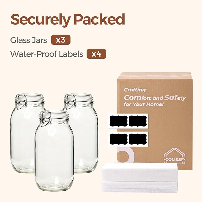 ComSaf Large Glass Jars with Lid 64 oz, Large Mason Jars Set of 3, Glass Canisters with Airtight Lids, Half Gallon Canning Jar with Seal Wire Clip Fastening for Kitchen, Pickle, Flour, Sugar, Cereal