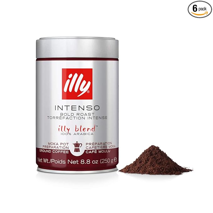 Illy Ground Moka Coffee - Intenso Bold Roast - Mild & Balanced - 100% Arabica - Pre-Ground for Moka Pot - Pressurized Packaging Sealed for Freshness - 8.8oz (Pack of 6)