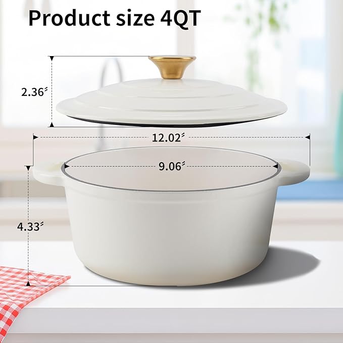 Enameled Cast Iron Dutch Oven Pot with Lid Heavy-Duty Cookware for Bread Baking, Braising, Stews, Roasting,4QT， creamy white