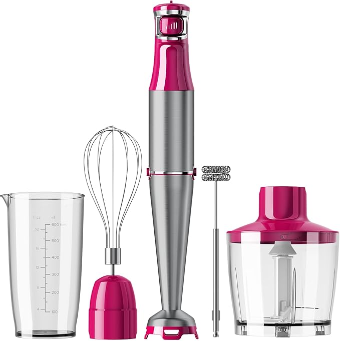 Immersion Blender Handheld Corded Hand Blenders Set 1100W, Trigger Variable Speed 5 in 1 Stick Emulsifier with Chopper, Whisk and Frother for Soup, Baby Food and Smoothies, Rose Red