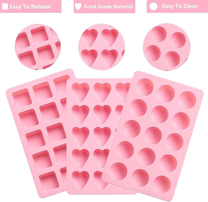 3PCS Hard Candy Molds Silicone, Gummy Chocolate Silicone Mold, Candle Soap Wax Melts Mold, 15 Cavity Heart Silicones Molds for Gummy, Hard Candy, Ice, Wax (Including Square, Round, Heart)