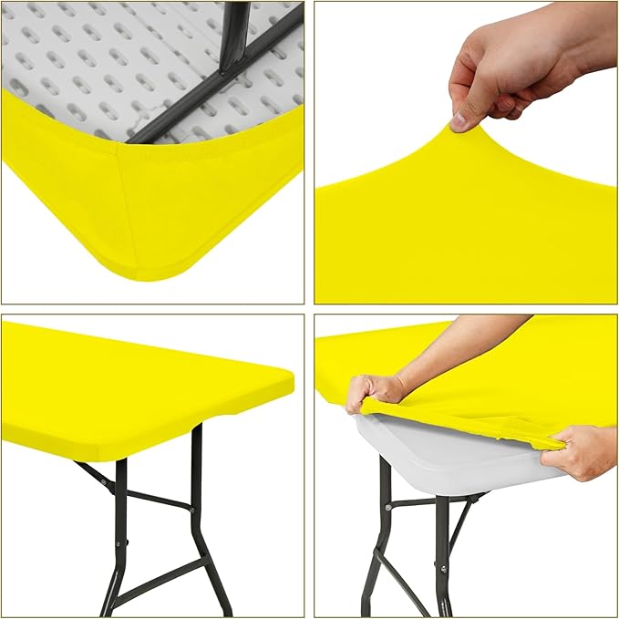 10 Pack Fitted Tablecloth for 8 Foot Rectangle Tables, Yellow Elastic Outdoor Picnic Table Cover, Washable Stretch Folding Table Cloths 8 ft for Camping Party Patio Kitchen Banquet, 30" W x 96" L