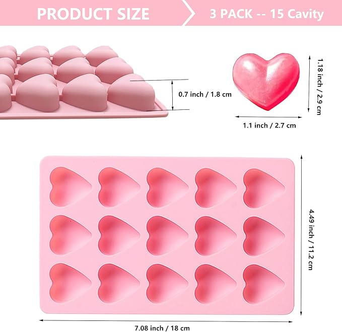 3PCS Hard Candy Molds Silicone, Gummy Chocolate Silicone Mold, Candle Soap Wax Melts Mold, 15 Cavity Heart Silicones Molds for Gummy, Hard Candy, Ice, Wax (Including Square, Round, Heart)