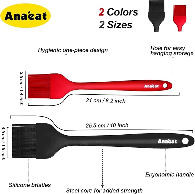 Anaeat 2 Pack Silicone Basting Pastry Brushes - Heat Resistant Brush with Soft Bristles, Hygienic One-Pieces Design, Marinade Brush Great in Baking for Spreading Oil Butter Sauce BBQ Grill