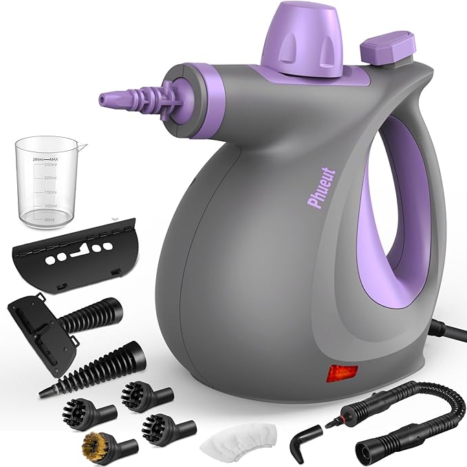 Pressurized Handheld Multi-Surface Natural Steam Cleaner with 12 pcs Accessories, Multi-Purpose Steamer for Home Use, Steamer for Cleaning Floor, Upholstery, Grout and Car (Purple)