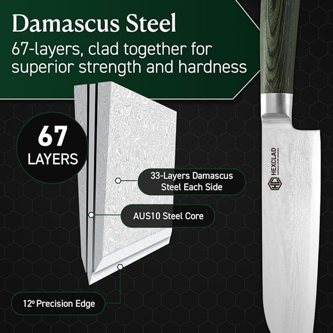 HexClad Santoku Knife, 7-Inch Japanese Damascus Stainless Steel Blade, Pakkawood Handle