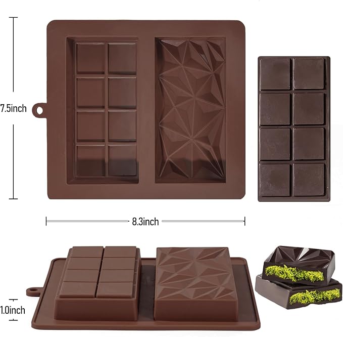 Chocolate Bar Mold Deep Dubai 1 Inch 2 Pcs Pistachio Chocolate Bar Silicone Thick Mold for Stuffed Bar, Large Candy Bar Mould for Filling, Brown
