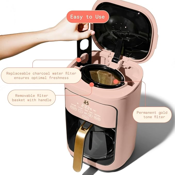 Beautiful 14 Cup Programmable Coffee Maker, Touch Display, 1200W, Brew Strength Control, Keep Warm, Pause & Serve, Glass Carafe, Reusable Filter, Auto Shut-Off (Rose)