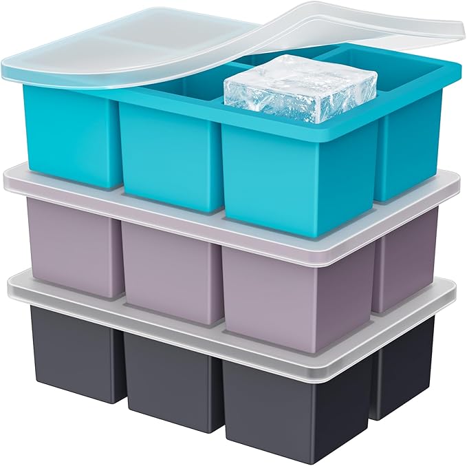 Large Ice Cube Tray for Whiskey: 2inch Big Silicone Ice Trays with Lid for Whisky - 3Pack Old Fashioned Ice Cube Trays for Cocktail - Huge Square Cubed Bourbon Ice Cube Maker