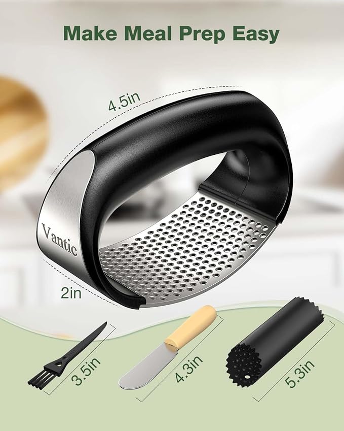 Vantic Garlic Press Rocker - Stainless Steel Garlic Crusher, Mincer and Chopper with Peeler & Scraper, Easy Kitchen Gadget for Effortless Smashing