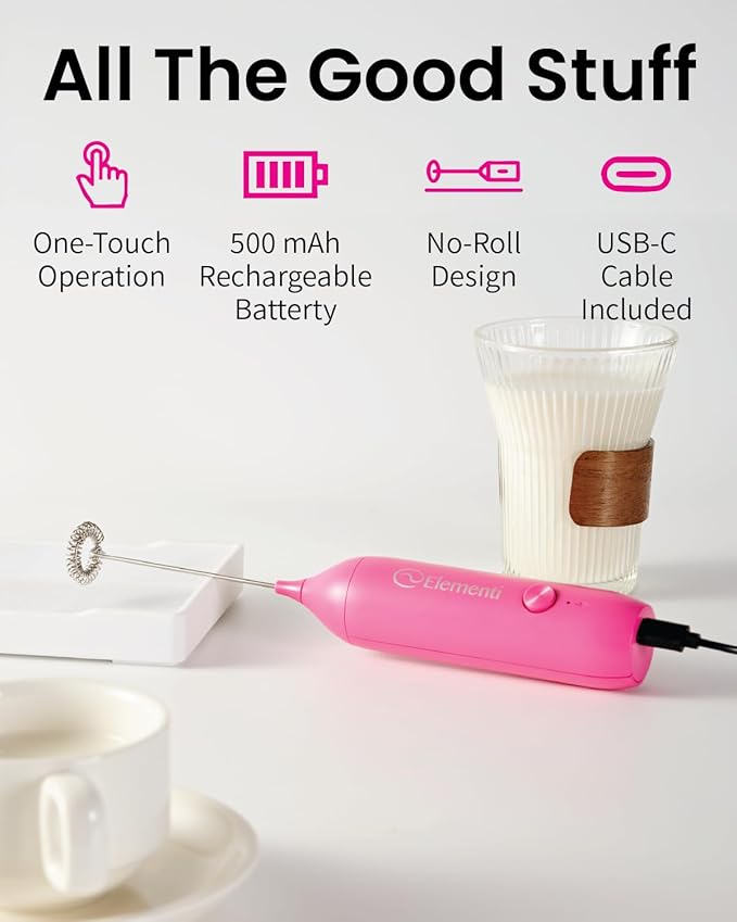 Elementi Pink Milk Frother Wand Rechargeable Drink Mixer - Powerful USB-C Rechargeable Frother & Coffee Stirrers Electric - Hand Held Whisk to Make Perfect Cappuccinos, Lattes & Drink Mixes at Home