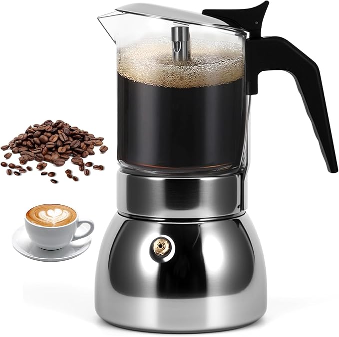 Stovetop Espresso Maker, 4Cup 200ML Stainless Steel Stovetop Italian Coffee Maker Transparent Glass Moka Pot, Coffee Maker Mocha Pot for Home Cafe Outdoor Office