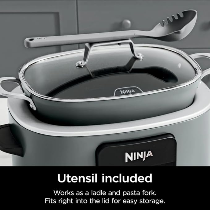 Ninja Foodi 8-in-1 Everyday Possible Cooker PRO 8.5-Quart Multi-Cooker with Glass Lid, Slow Coorker Integrated Spoon, and Non-Stick, Oven-Safe Pot,Sea Salt Grey