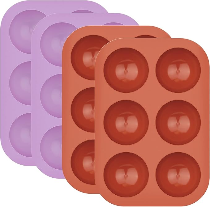 4Pack 6-Cavity Semi Sphere Silicone Mold, Baking Mold for Making Hot Chocolate Bomb, Cake, Jelly, Dome Mousse ((2Pcs Purple + 2Pcs Red))