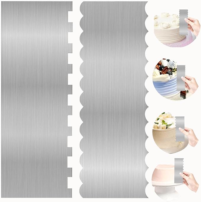 2 Pcs Stainless Metal Cake Scraper Smoother Double Sided Patterned Edge Cake Decorating Supplies Spatula Frosting Icing Tools Comb for Icing Cakes Buttercream Decorating