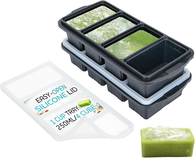 Silicone Freezer Tray With Lid - Soup Freezer Container molds - Large Ice Cube Tray- makes 8 perfect 1 cup portions cubes, 2-Pack Freezer Storage Food Soups & Meal Prep - Oven & Dishwasher -Safe