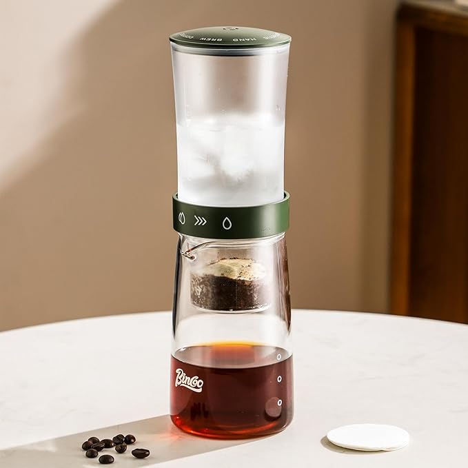 Bincoo Drip Cold Brew Coffee Maker,450ml High Borosilicate Glass Ice Drip Coffee Brewer,Adjustable Dual-Outlet Drip Speed, Constant Pressure Brewing